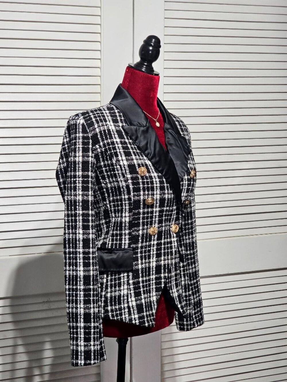 Rachel Parcell Women's Plaid Tweed Double Breasted Satin Lapel Blazer Sz 4 3151 - Picture 3 of 16